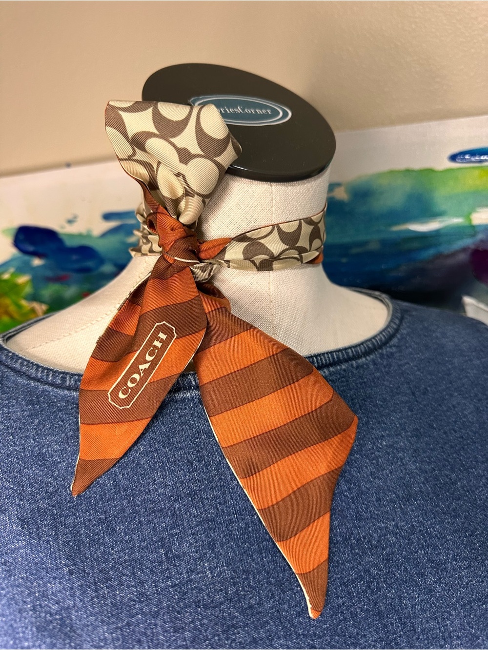 Coach Orange & Brown Striped Silk Scarf Tie